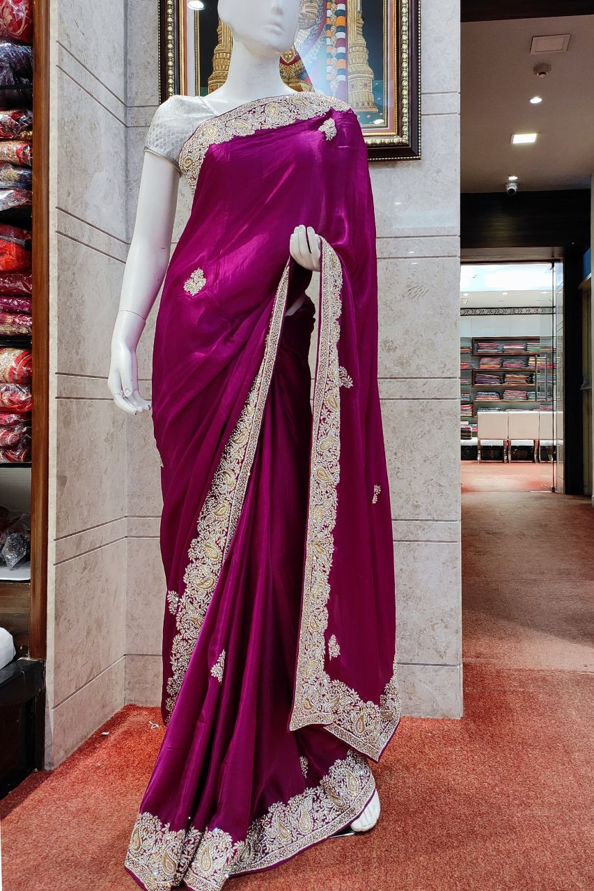 Wine Pure Crepe Georgette Saree with Zardozi Borders and Paisleys on t –  WeaverStory